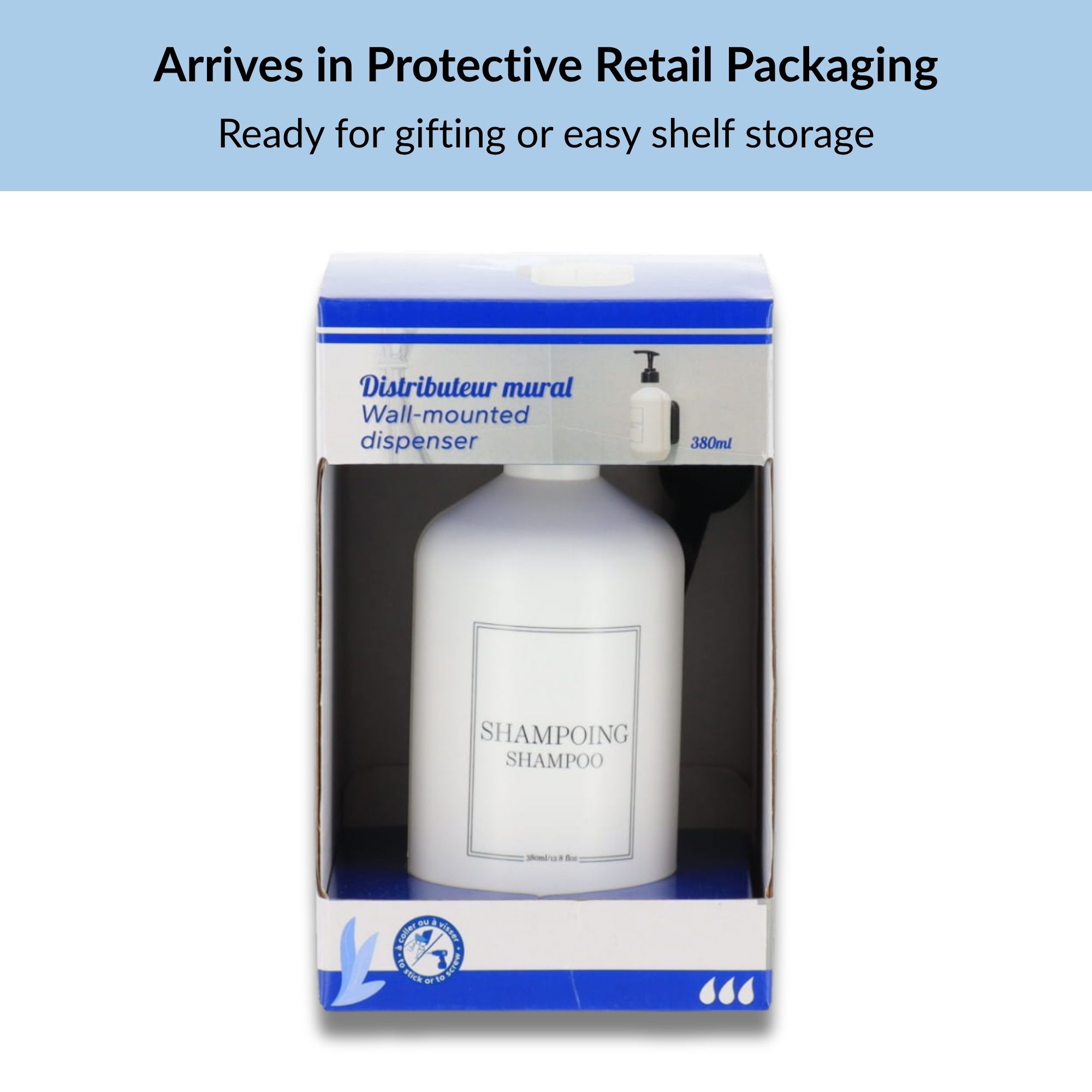 White wall-mounted shampoo dispenser in retail packaging