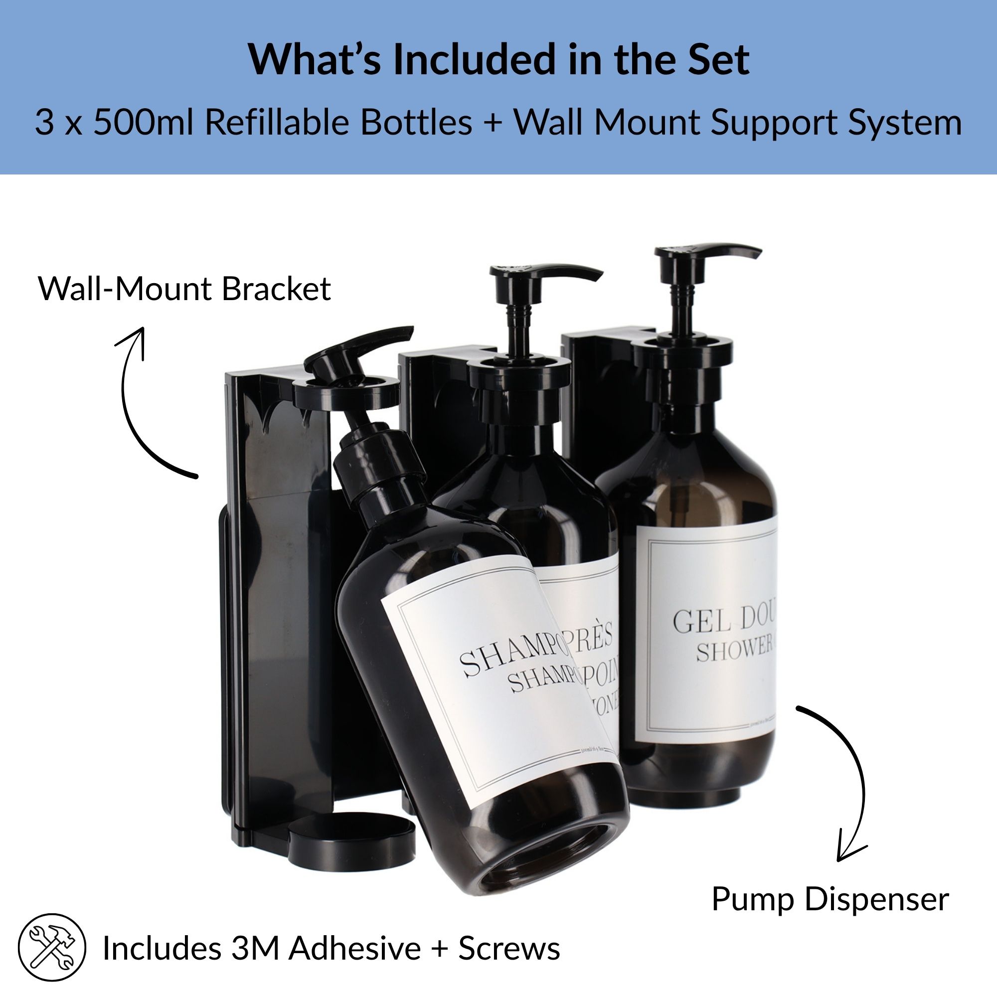 Black dispenser set with 500ml bottles and wall-mount bracket included