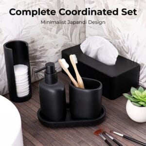 Black coordinated bathroom accessory set with toilet brush