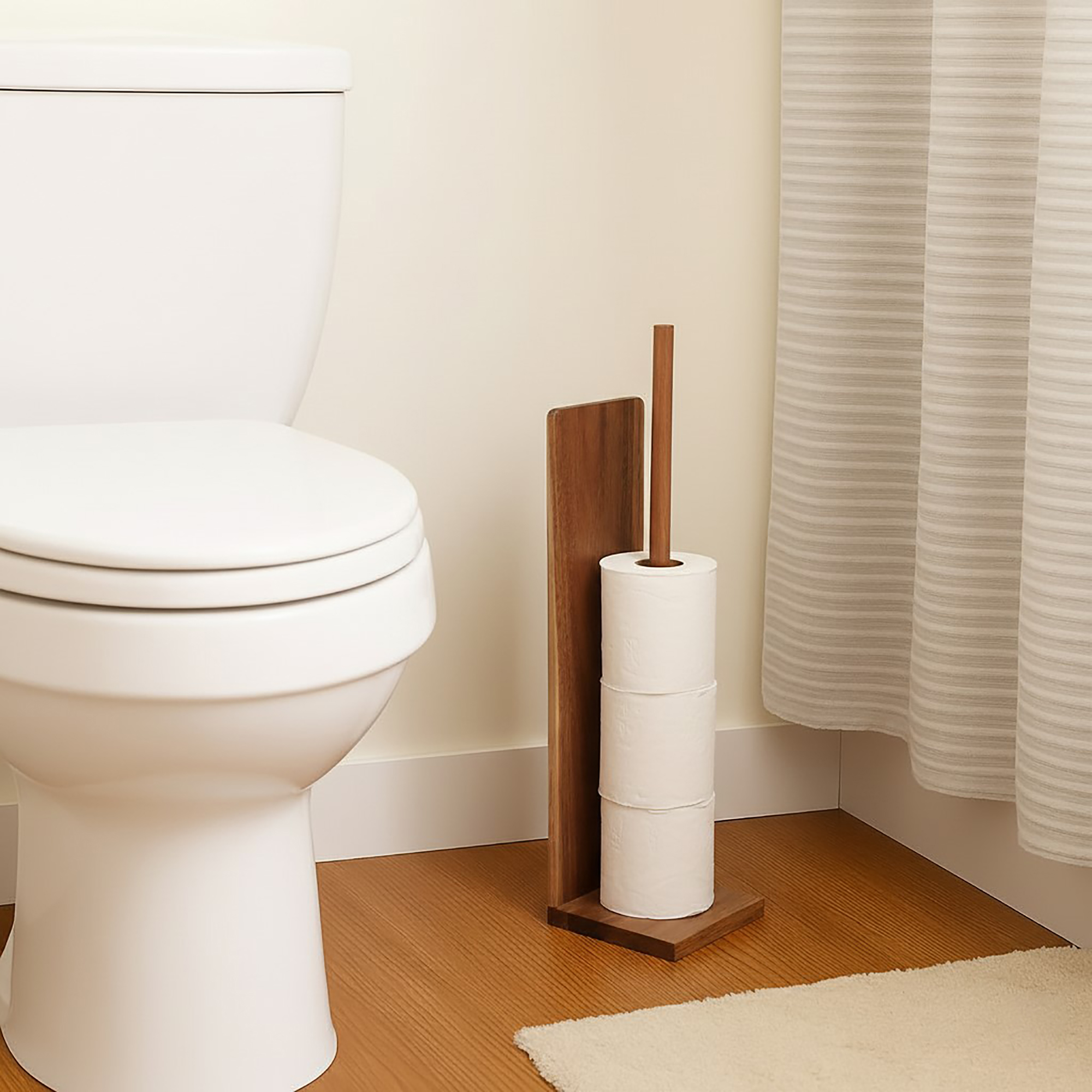 Acacia toilet paper holder in modern bathroom beside toilet