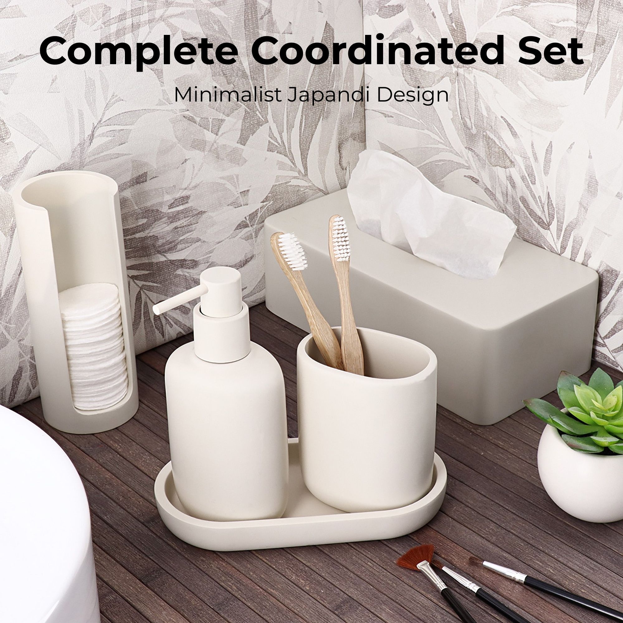 Beige coordinated bathroom accessory set with cotton pad holder