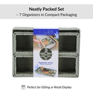 Retail packaging for sage green 7-piece drawer organizer set