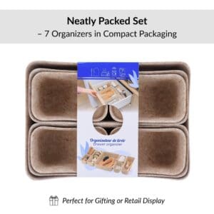 Retail packaging for beige 7-piece felt drawer organizer set