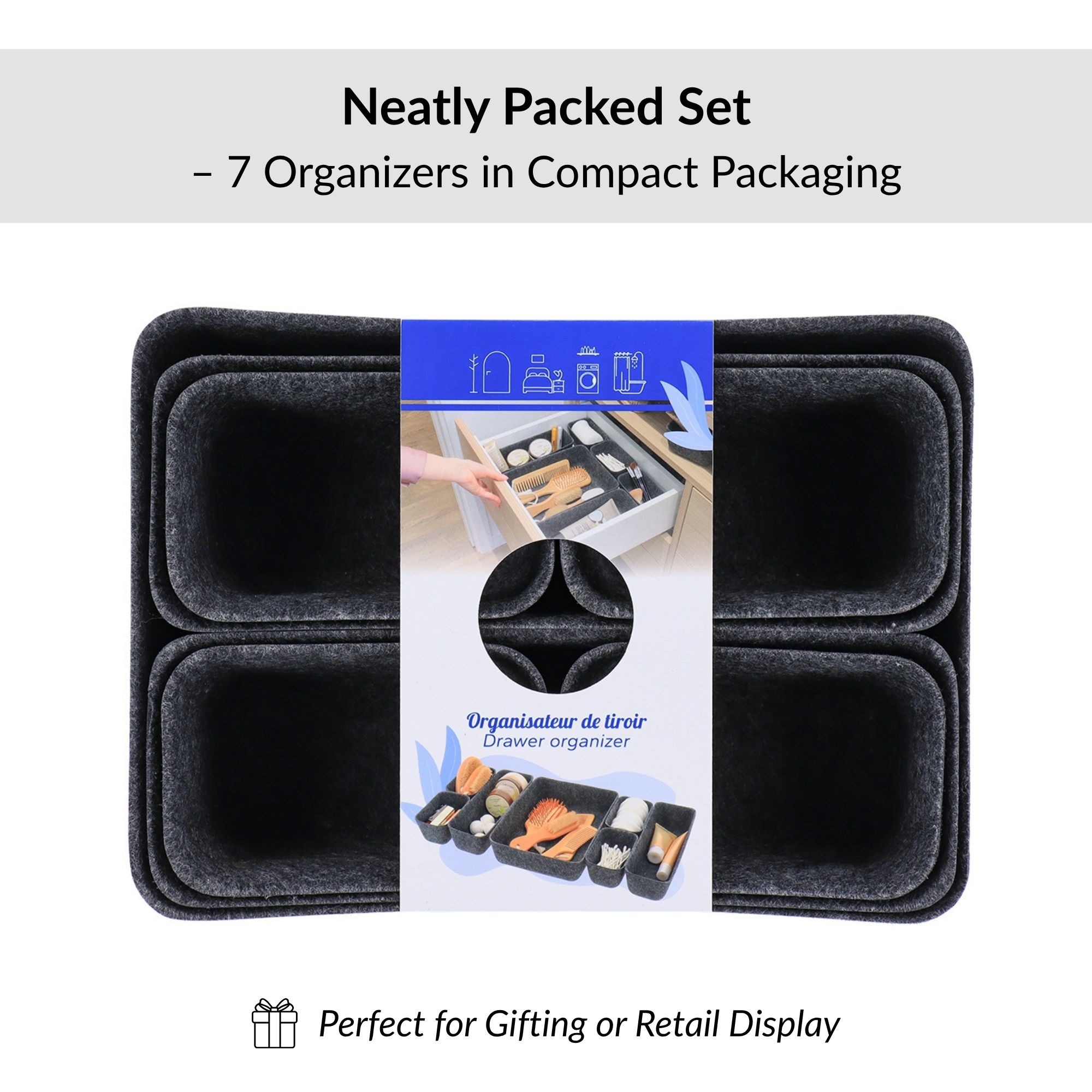 Retail packaging for gray 7-piece felt drawer organizer set