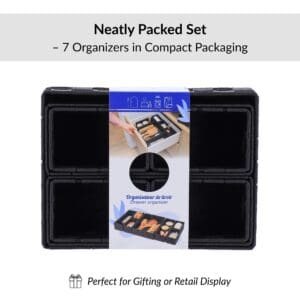 Retail packaging for black 7-piece drawer organizer set