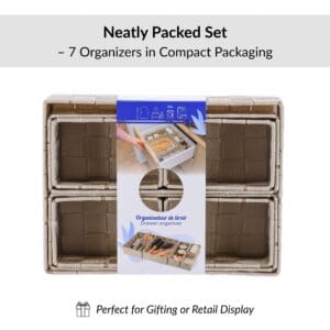 Retail packaging for beige 7-piece drawer organizer set