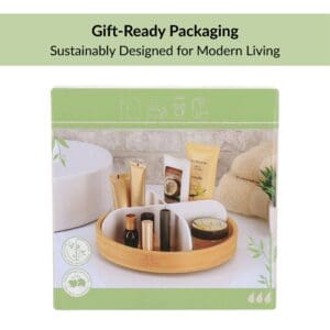 Gift-ready packaging of bamboo rotating organizer with product photo on box
