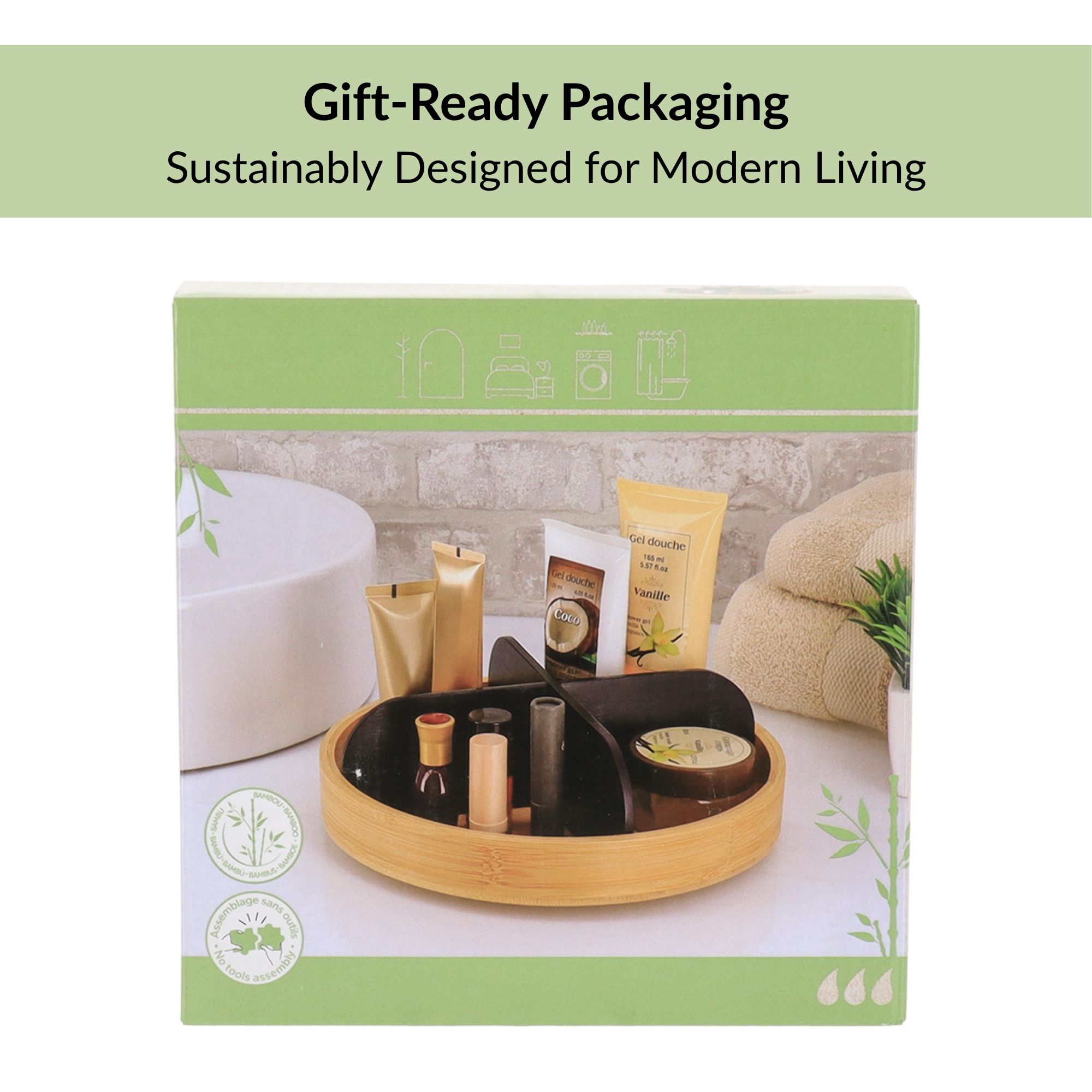 Gift-ready packaging of bamboo rotating organizer with black divider version shown