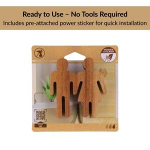 Wooden restroom sign in retail packaging with power sticker included