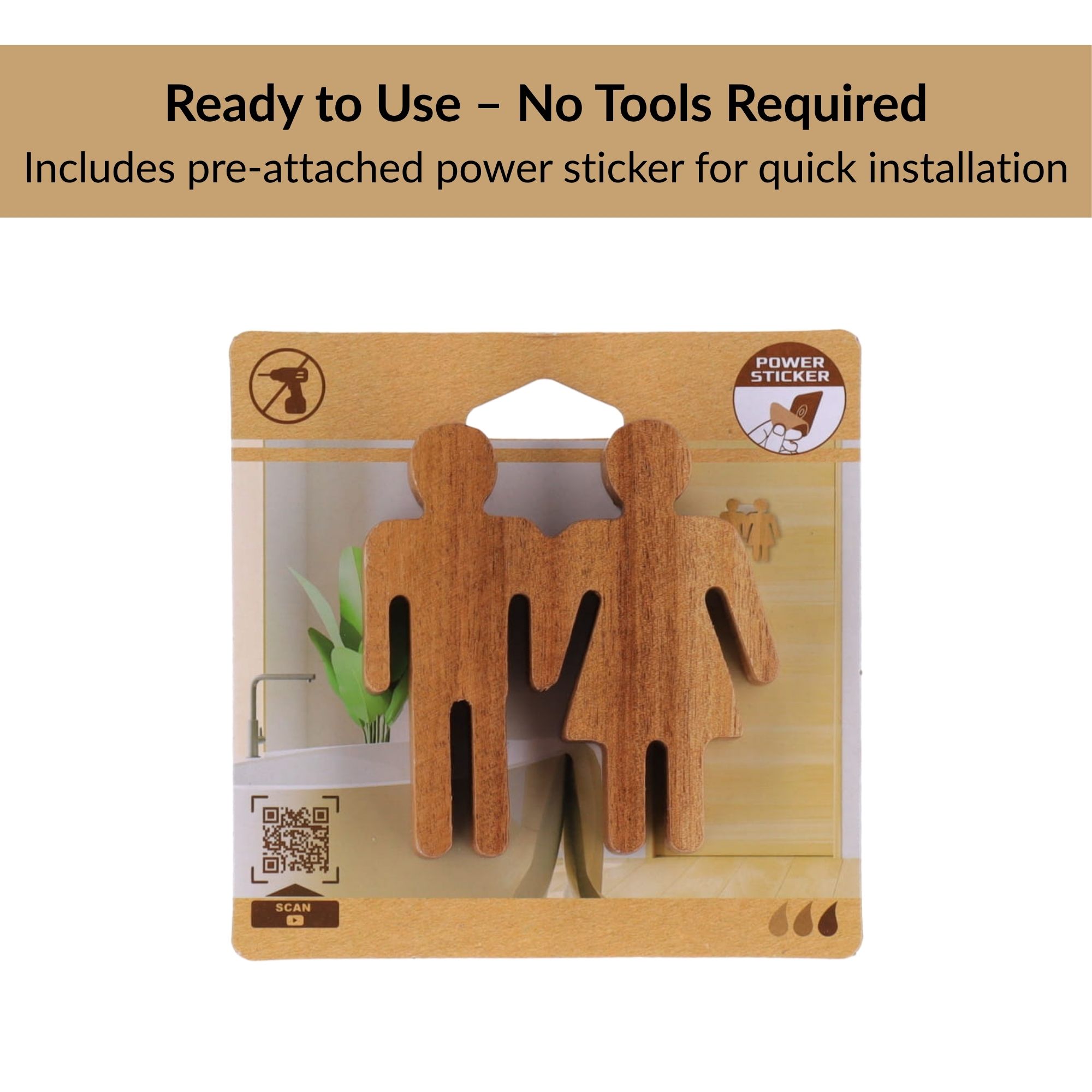 Wooden restroom sign in retail packaging with power sticker included