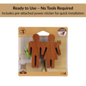 Wooden restroom sign in retail packaging with power sticker included