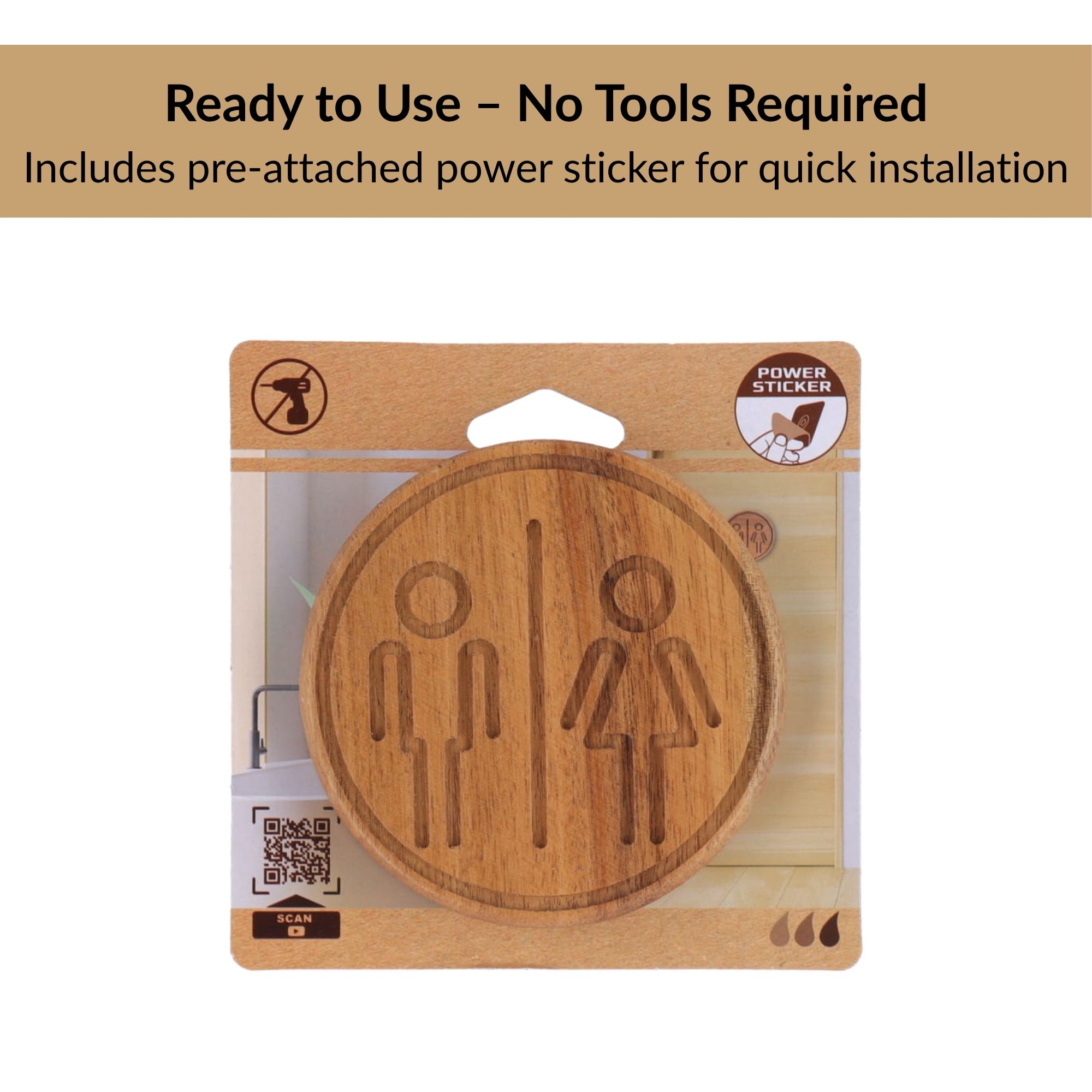 Round wooden restroom sign in retail packaging with adhesive sticker included