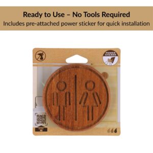 Round acacia wood restroom sign in retail packaging with adhesive sticker included