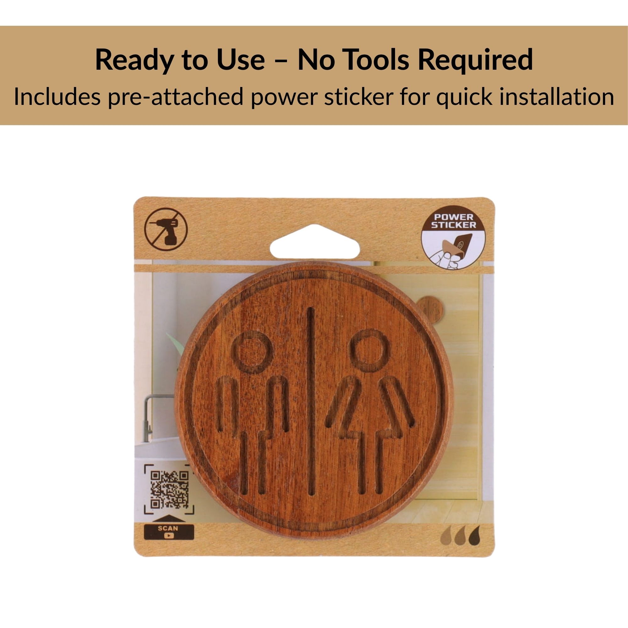 Round acacia wood restroom sign in retail packaging with adhesive sticker included