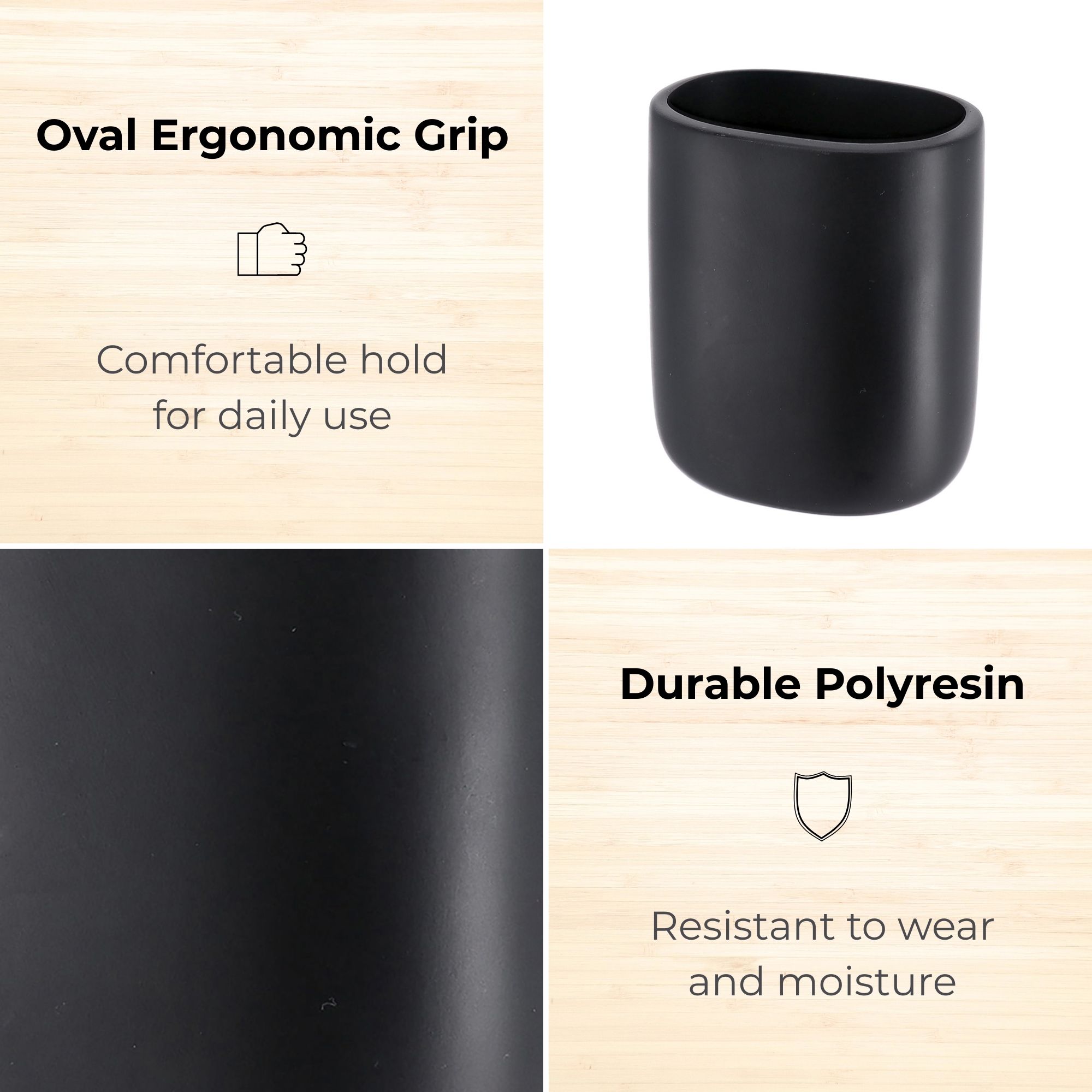 Close-up of black polyresin tumbler with oval shape