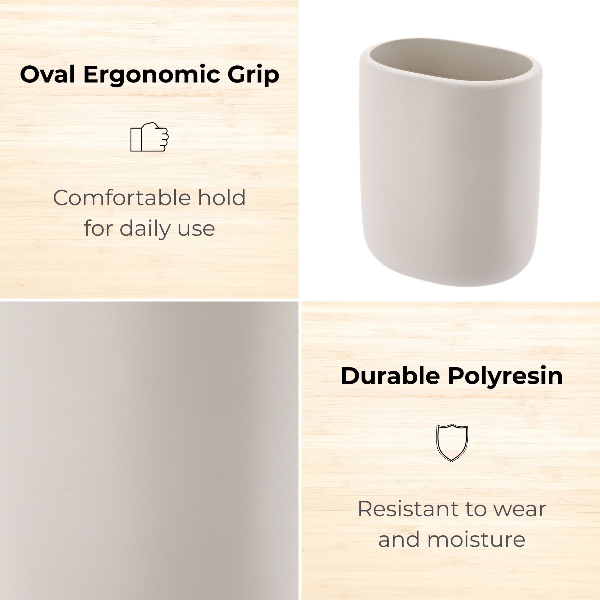 Close-up of beige polyresin tumbler with oval shape