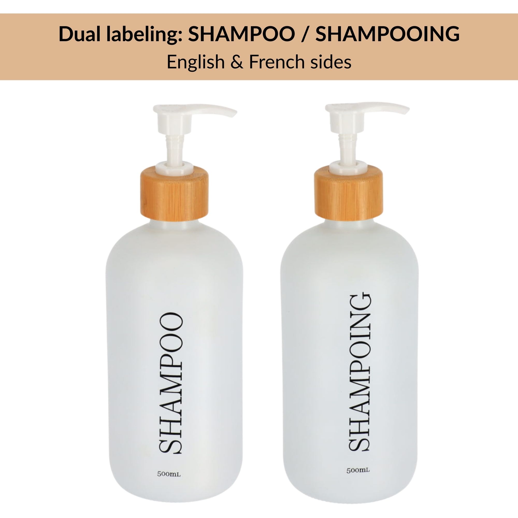 White shampoo bottle showing English and French dual labels