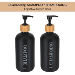 Black shampoo bottle showing English and French dual labels