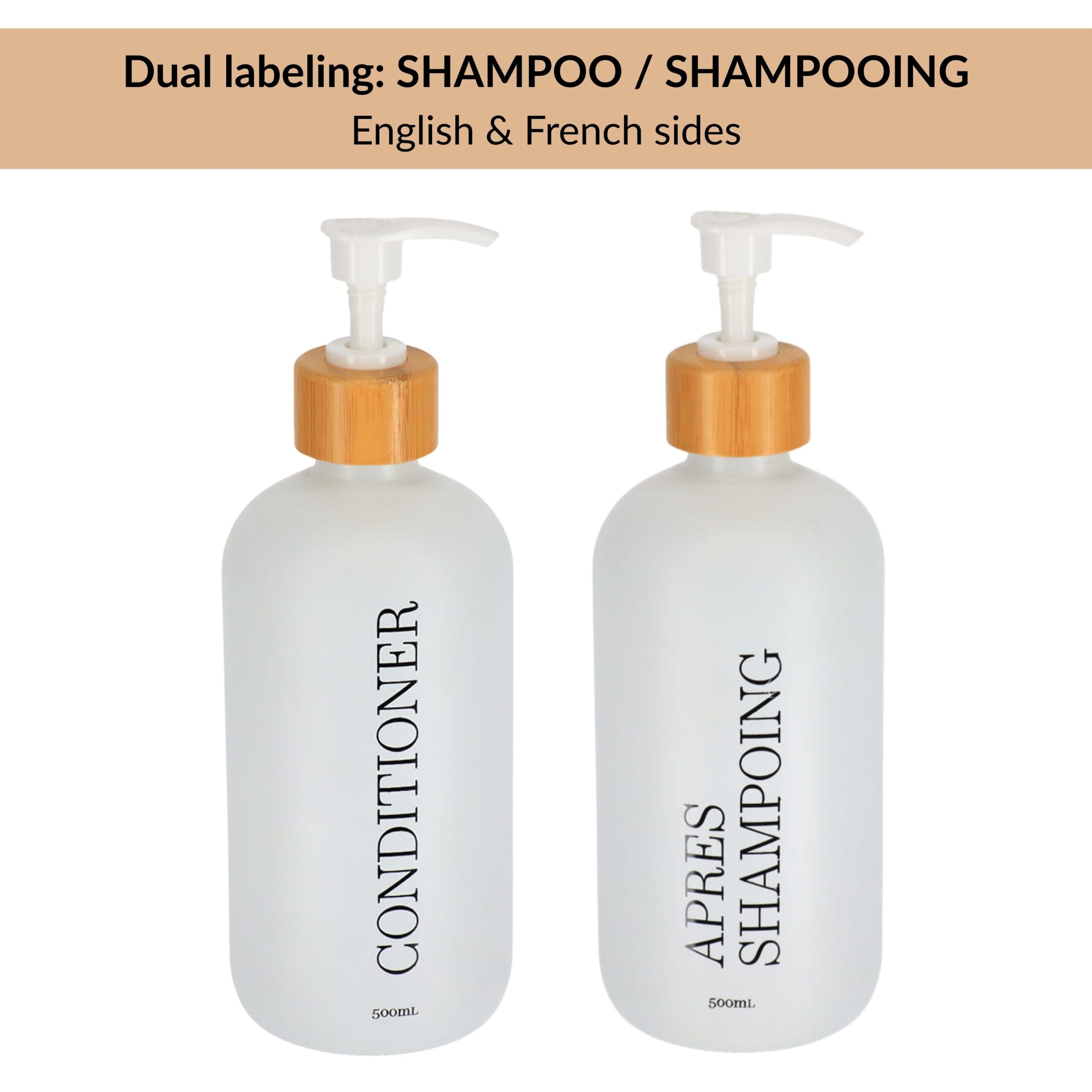 White conditioner bottle showing English and French dual labels