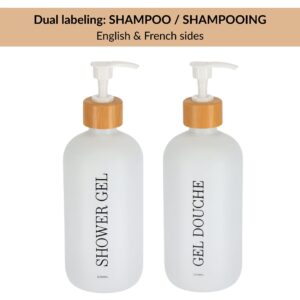 White shower gel bottle showing English and French dual labels