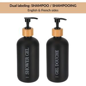 Black shower gel bottle showing English and French dual labels