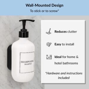 White shampoo dispenser showing wall-mount features and benefits