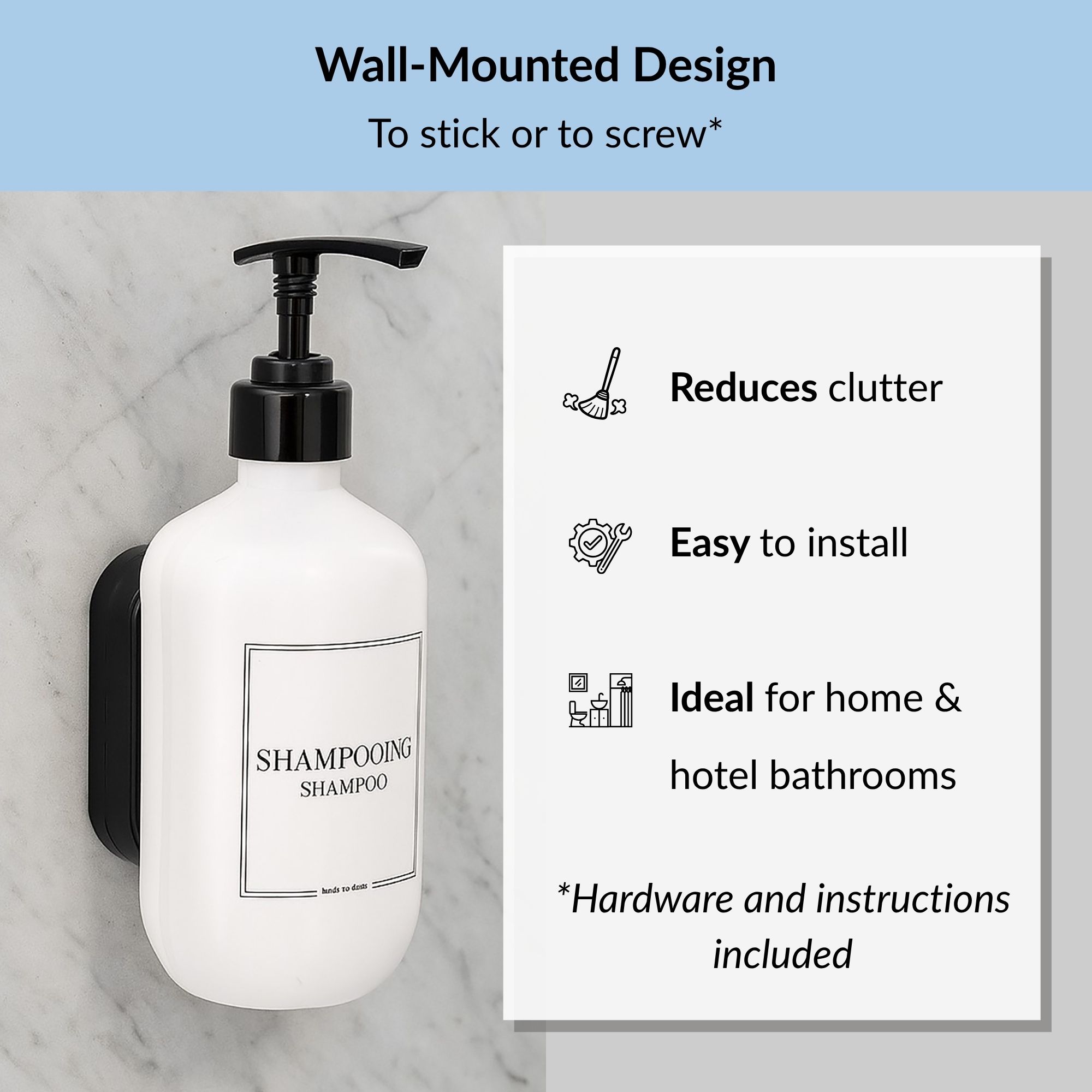 White shampoo dispenser showing wall-mount features and benefits