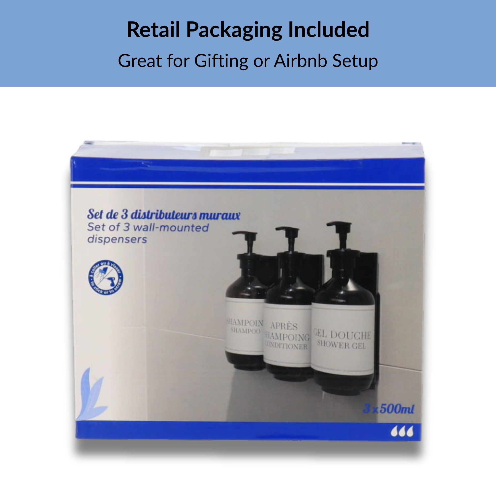 Retail packaging for set of three black wall-mounted dispensers