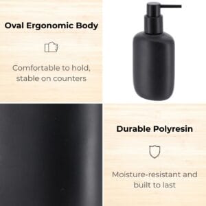 Close-up of black polyresin soap dispenser body