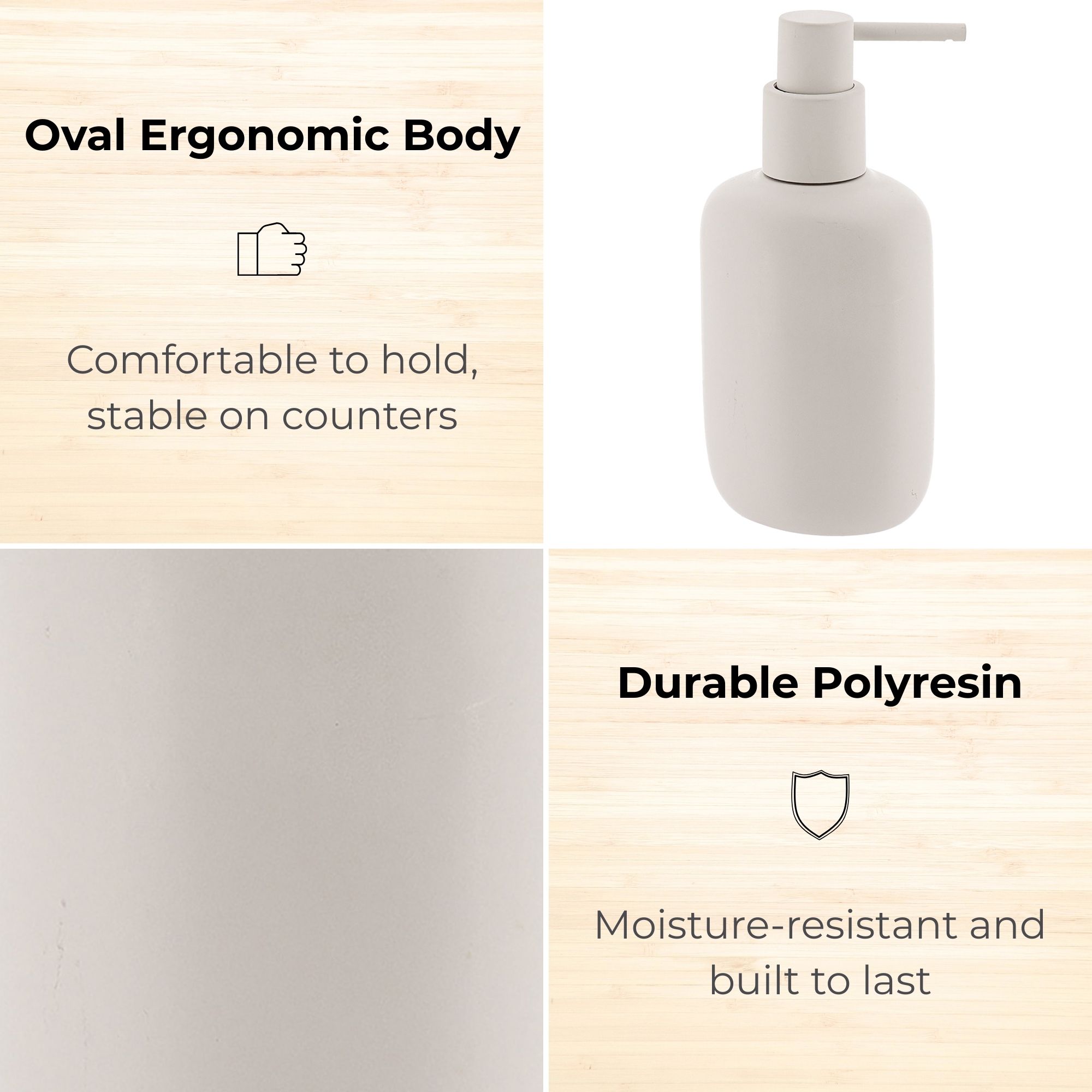 Close-up of beige polyresin soap dispenser body