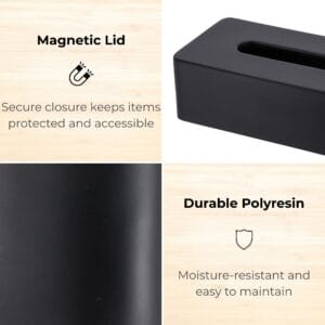 Close-up of black tissue box holder with magnetic lid