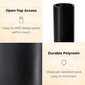 Close-up of black cotton pad holder with open-top access