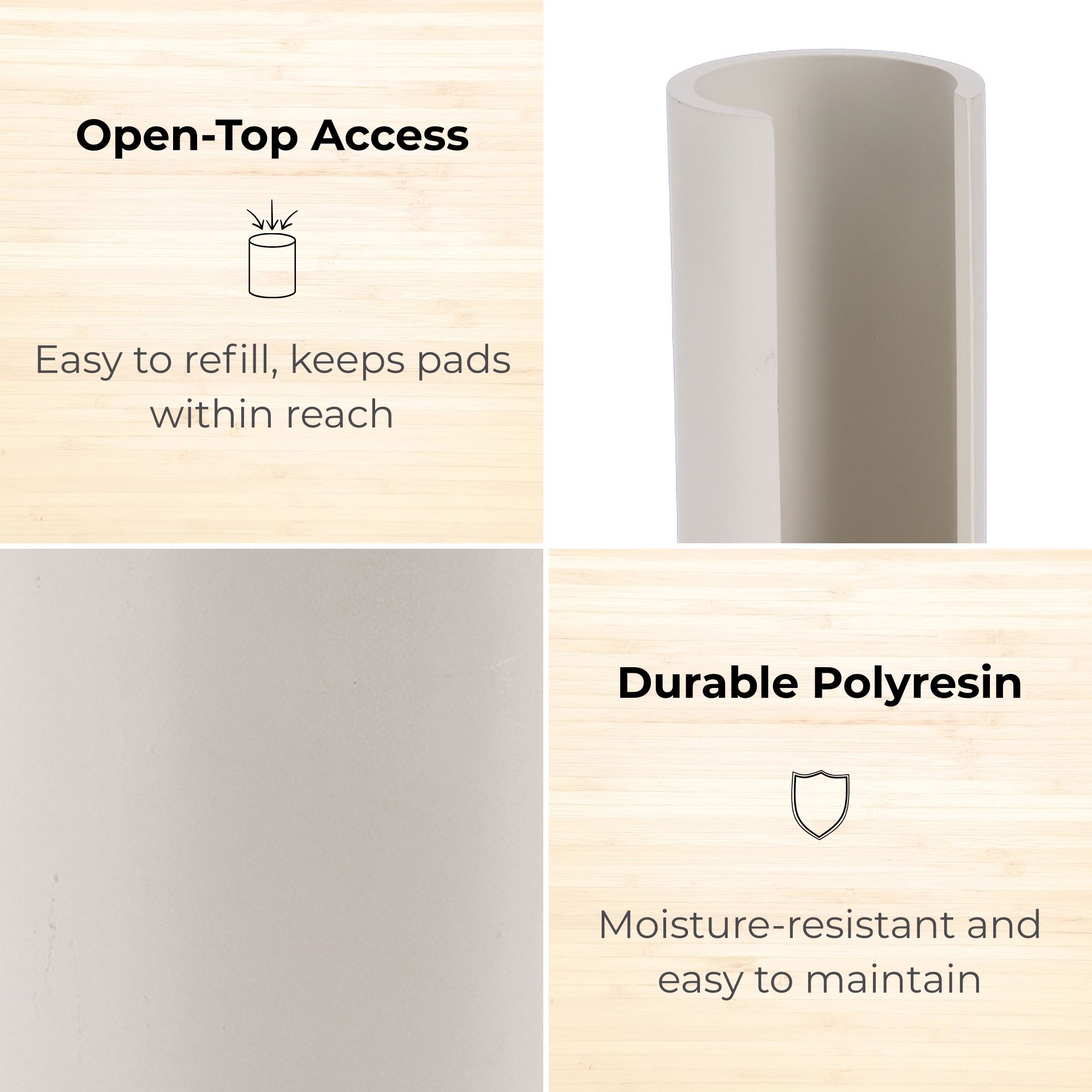 Close-up of beige cotton pad holder with open-top access