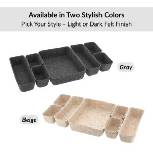 Gray and beige felt drawer organizer sets side by side