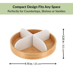 Bamboo rotating tray with white dividers showing size 9.75 x 3.25 inches