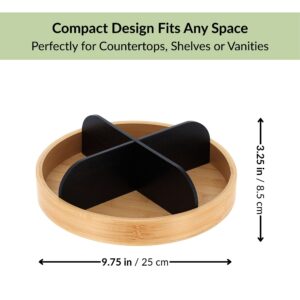 Bamboo rotating tray with black dividers showing size 9.75 x 3.25 inches