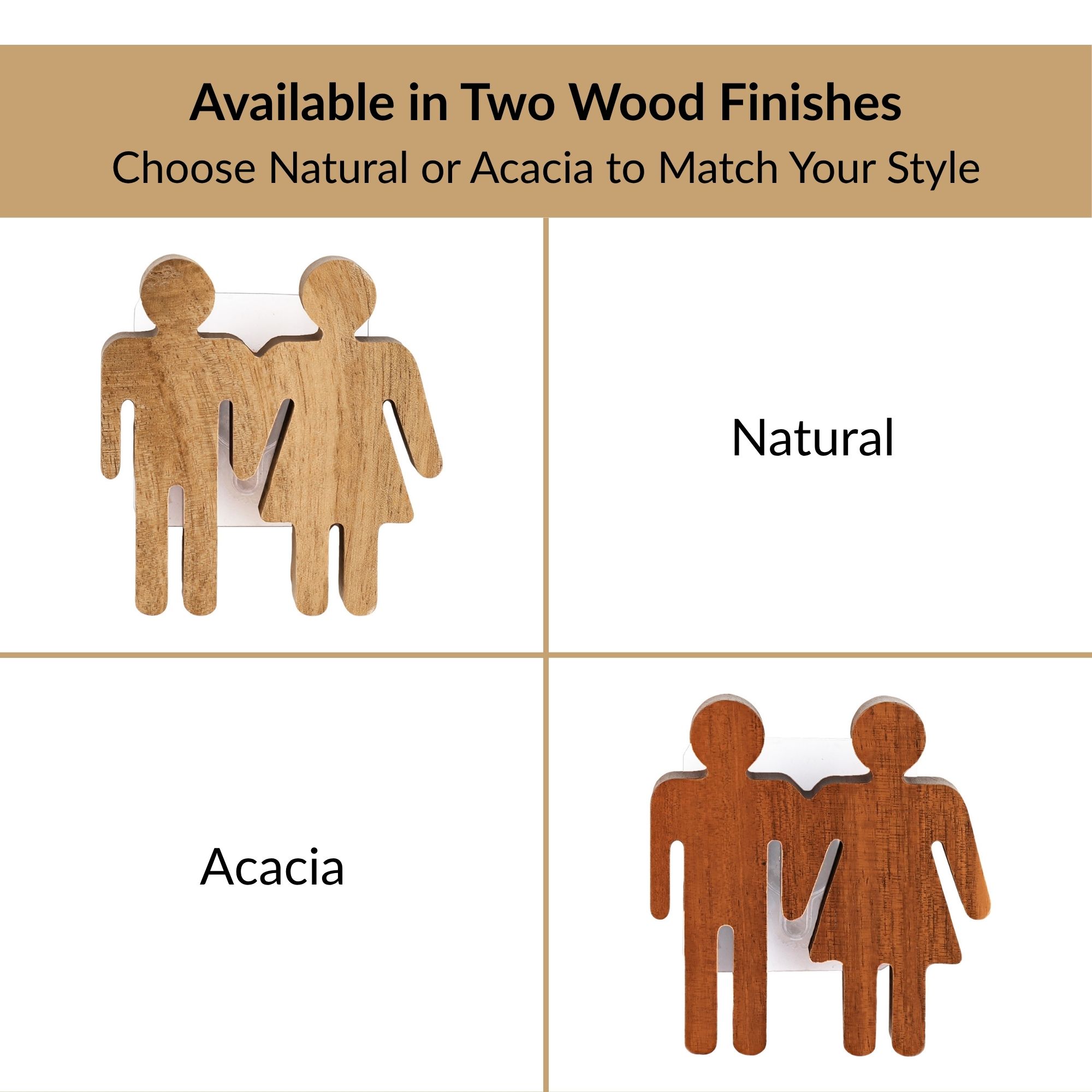 Natural and acacia wood restroom sign color options side by side