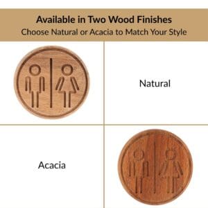 Acacia and natural round restroom sign color options side by side