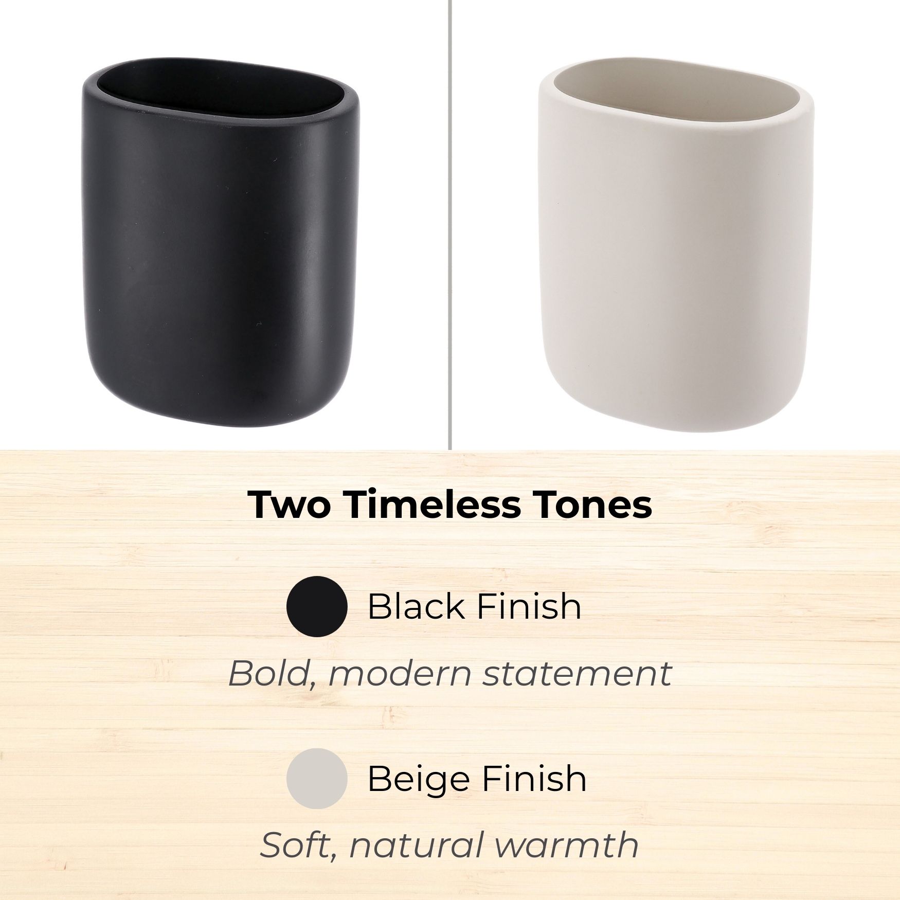 Black tumbler holding bamboo toothbrushes on counter