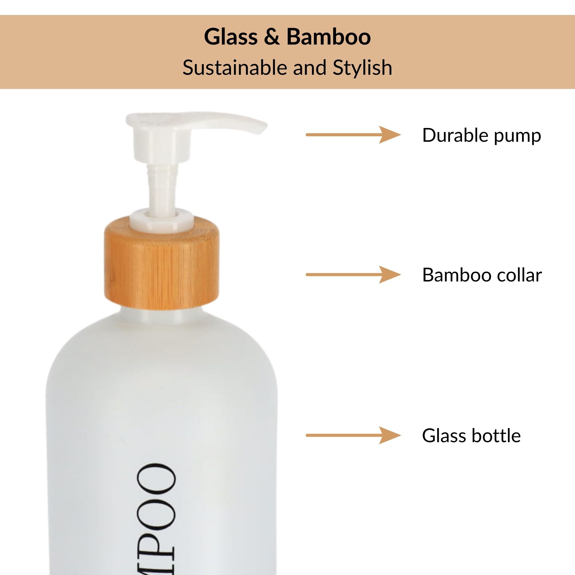 Close-up of glass shampoo bottle with bamboo collar and pump