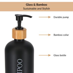 Close-up of black glass shampoo bottle with bamboo collar and pump