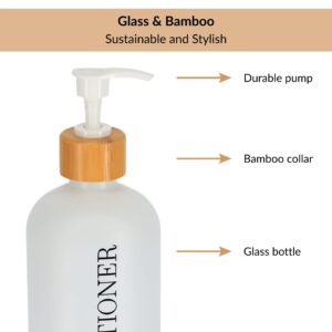 Close-up of glass conditioner bottle with bamboo collar and pump