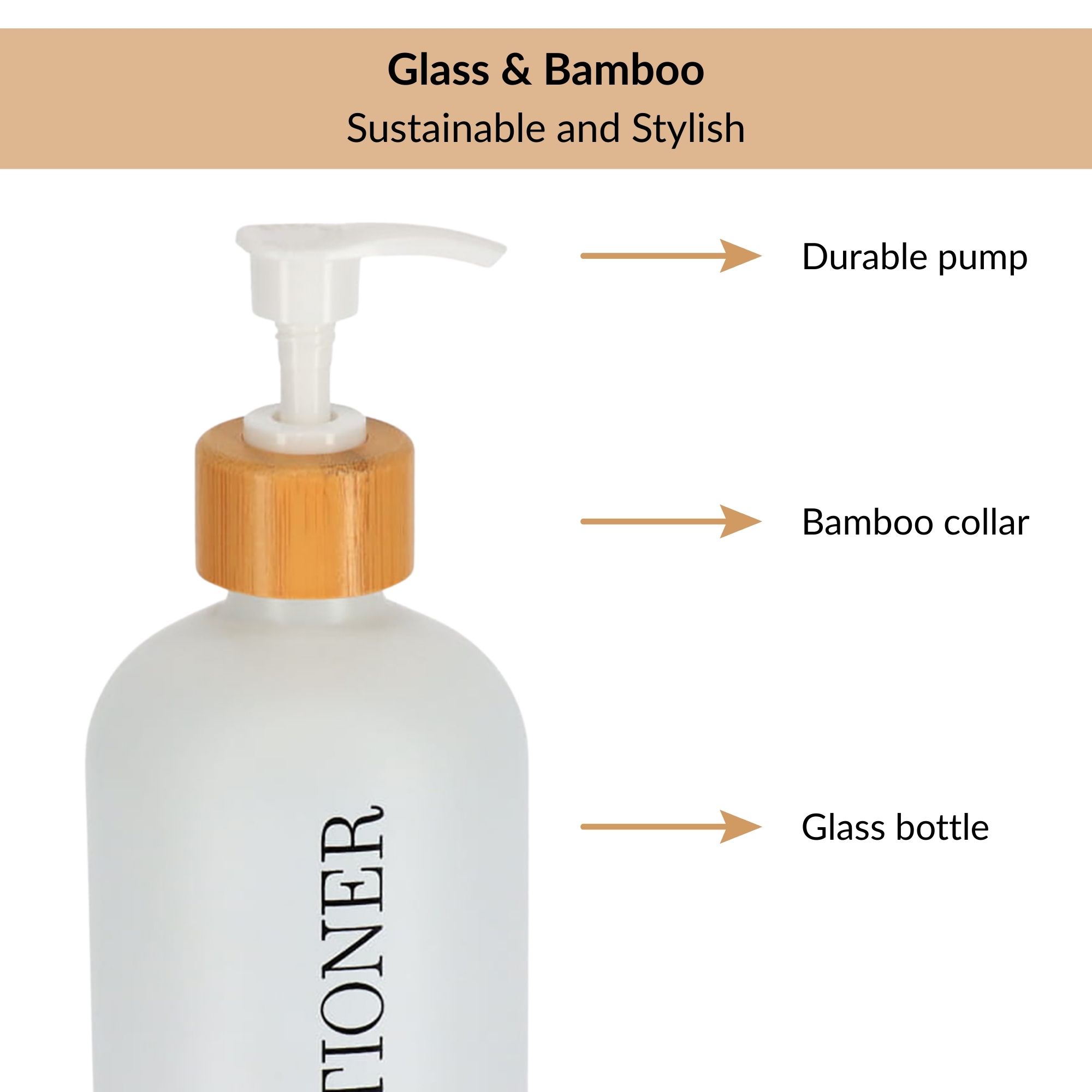 Close-up of glass conditioner bottle with bamboo collar and pump