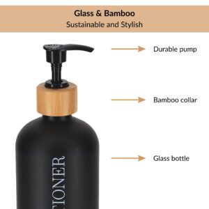Close-up of black glass conditioner bottle with bamboo collar and pump