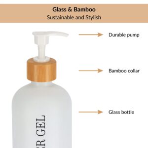 Close-up of glass shower gel bottle with bamboo collar and pump