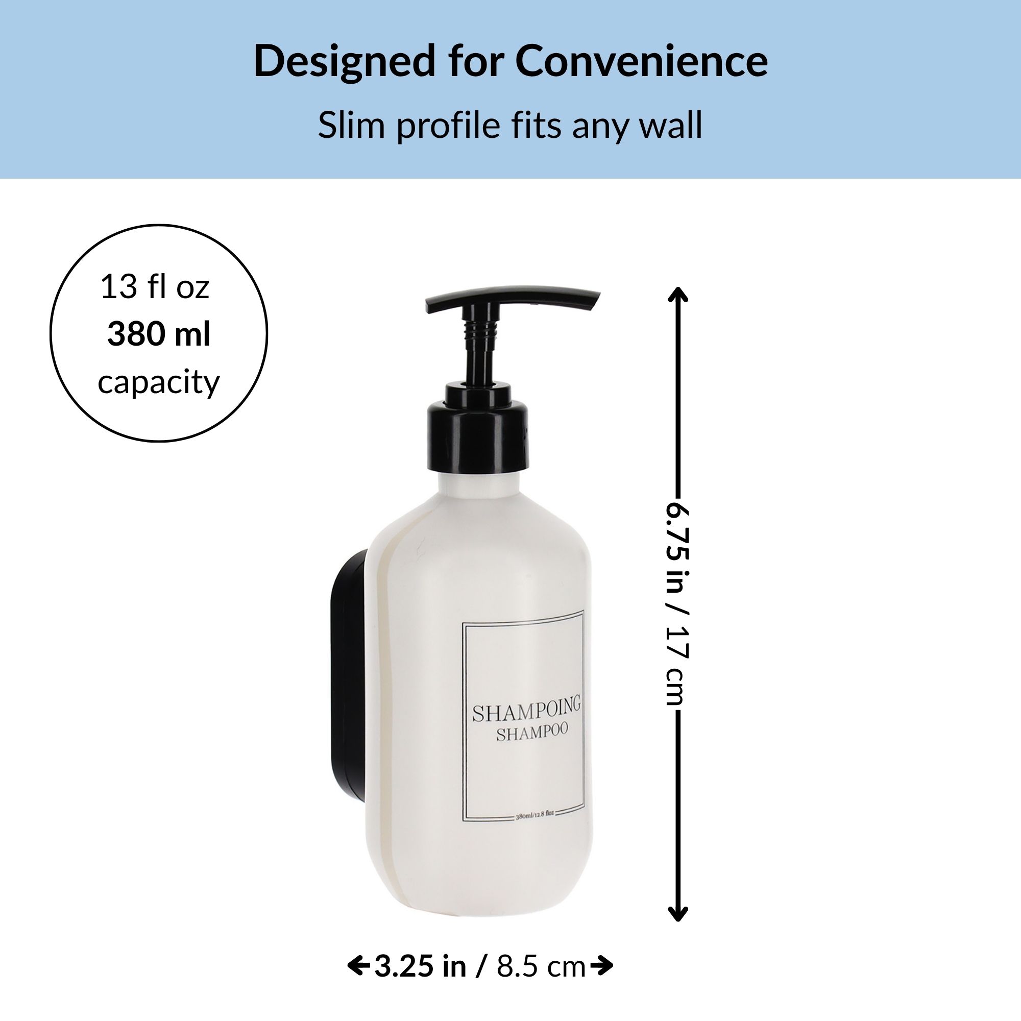 White shampoo dispenser with dimensions and 380ml capacity