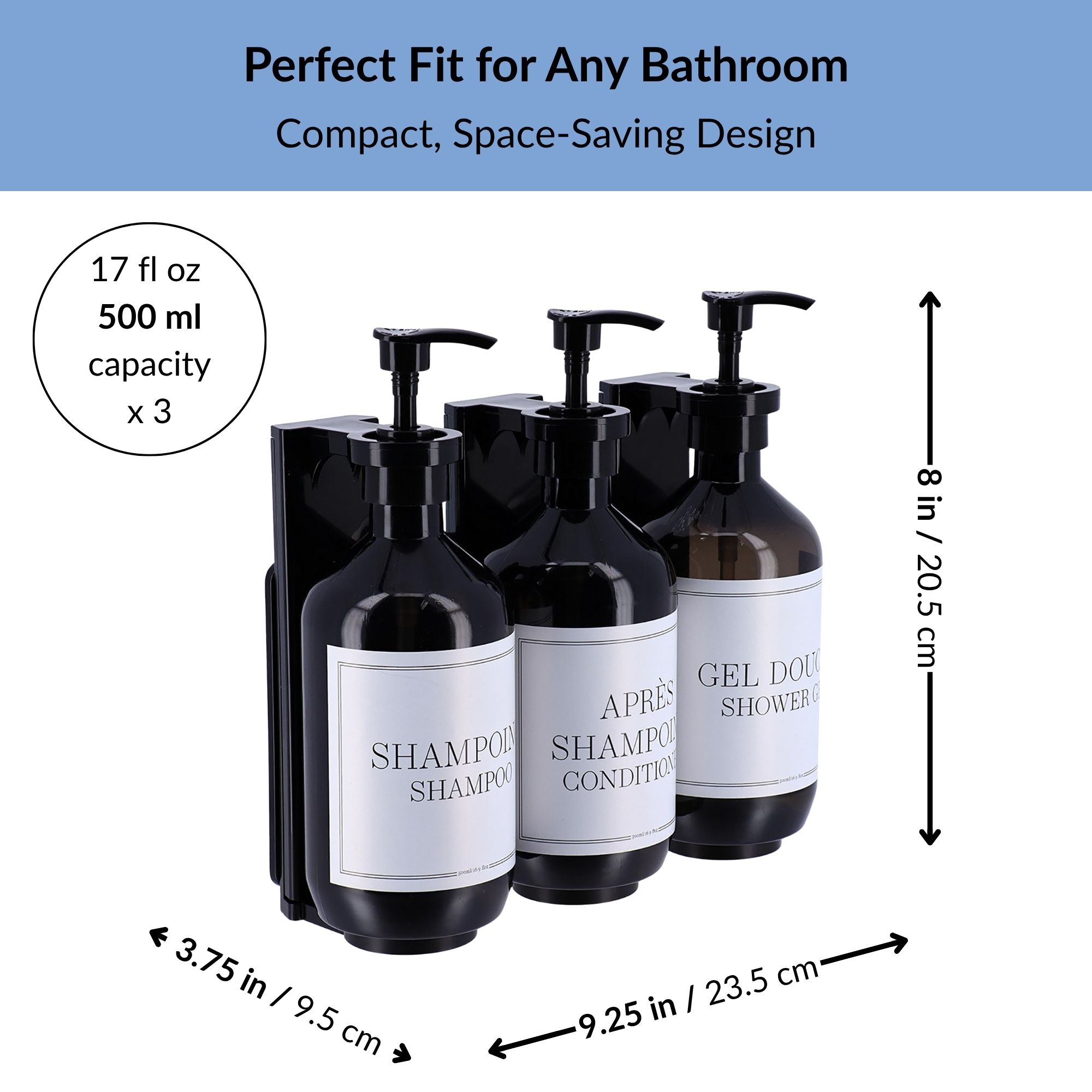 Dimensions of black 3-pack wall dispenser set with 500ml bottles