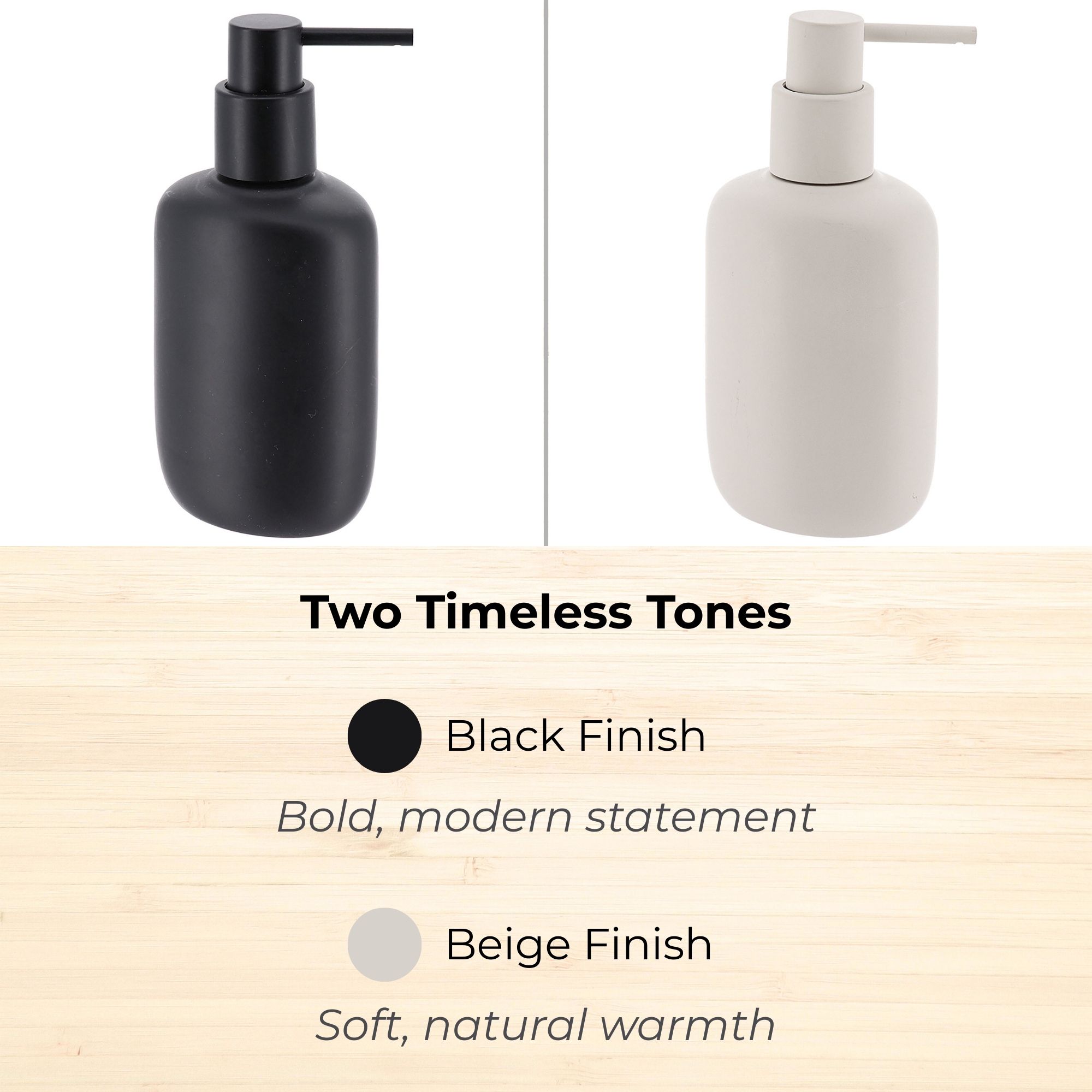 Beige and black soap dispensers side by side
