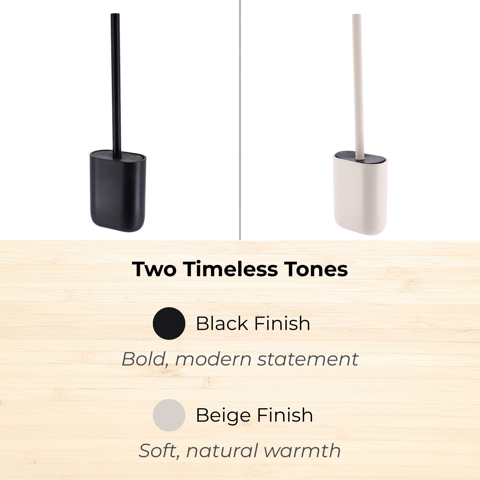 Beige and black toilet brush holders side by side
