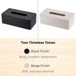 Beige and black tissue box holders side by side